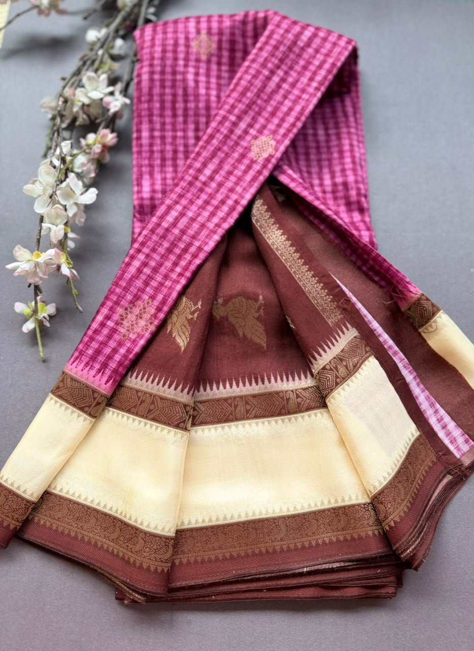 Onion Pink Checks Semi Dola Crepe Saree 107