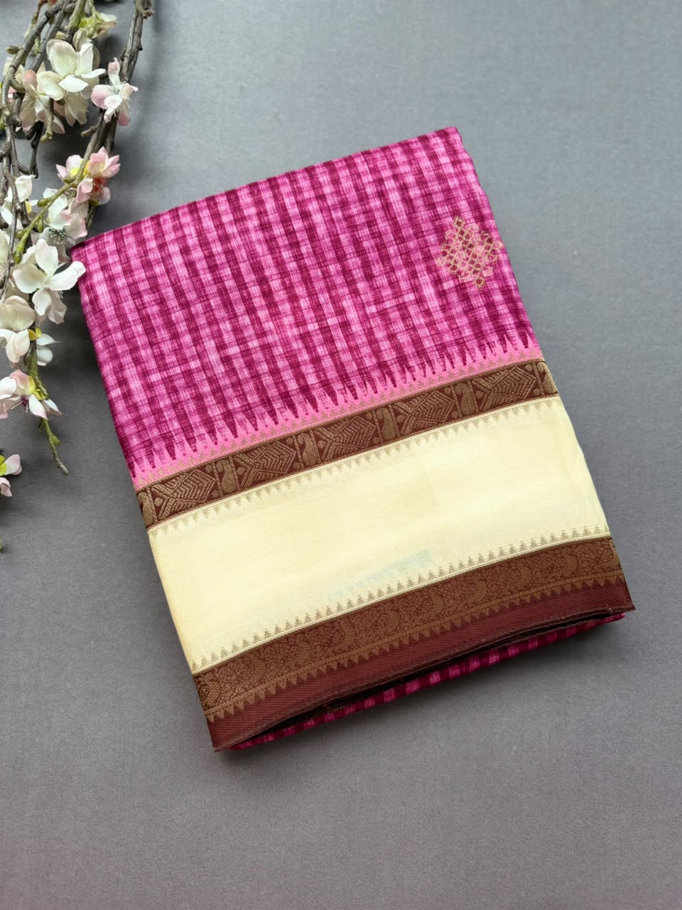 Onion Pink Checks Semi Dola Crepe Saree 107