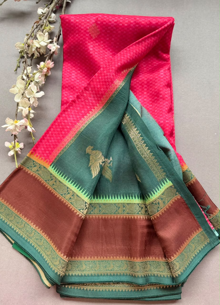Pink Checks Semi Dola Crepe Saree 107