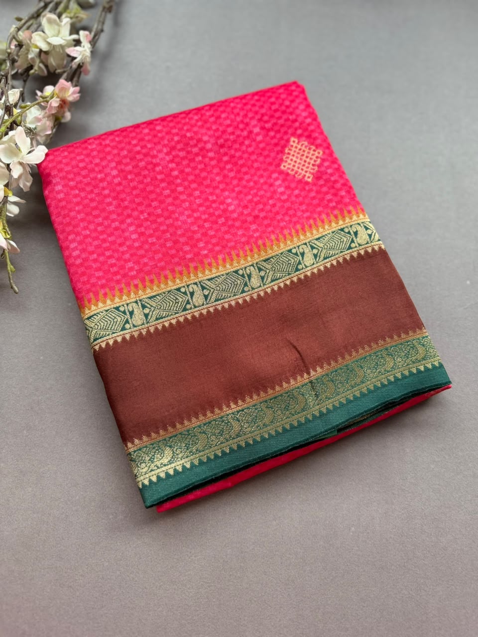 Pink Checks Semi Dola Crepe Saree 107
