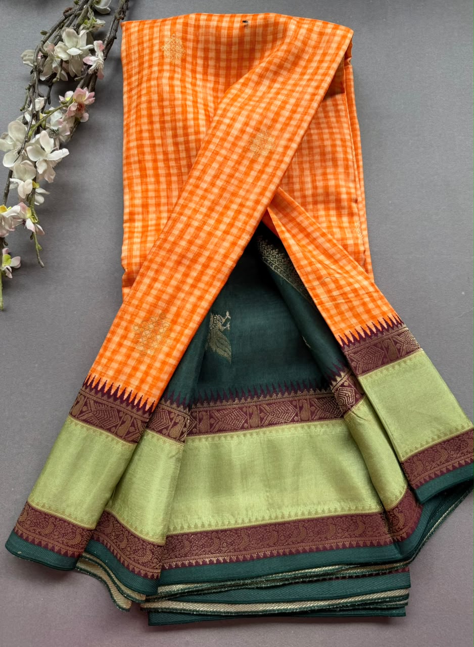 Orange Checks Semi Dola Crepe Saree 107