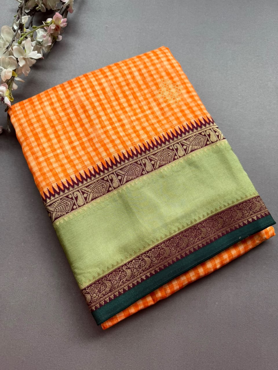 Orange Checks Semi Dola Crepe Saree 107
