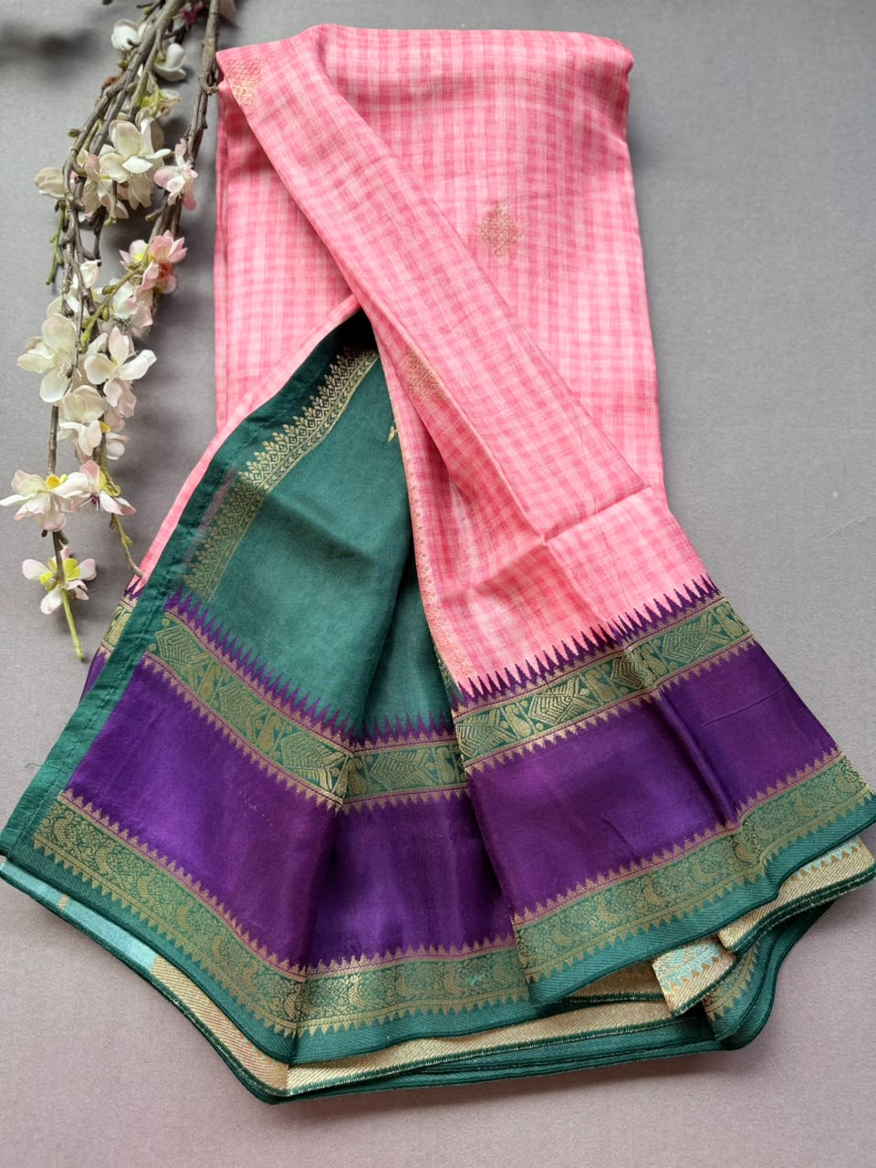 Baby Pink Checks Semi Dola Crepe Saree 107