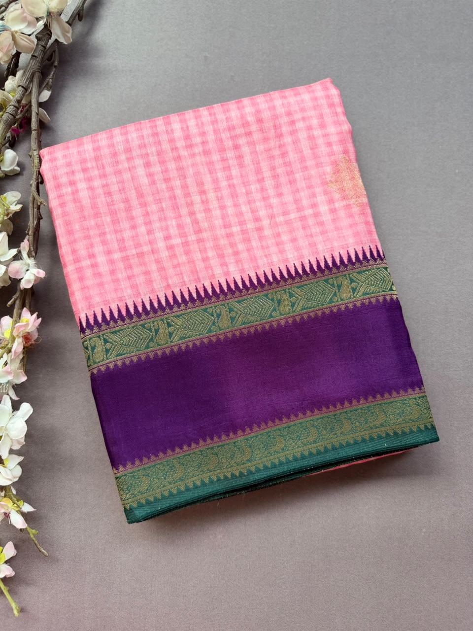Baby Pink Checks Semi Dola Crepe Saree 107