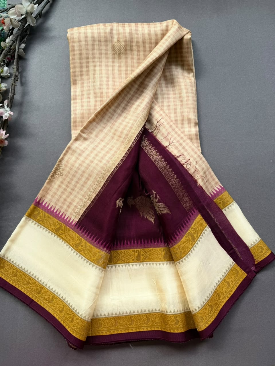 Cream Checks Semi Dola Crepe Saree 107
