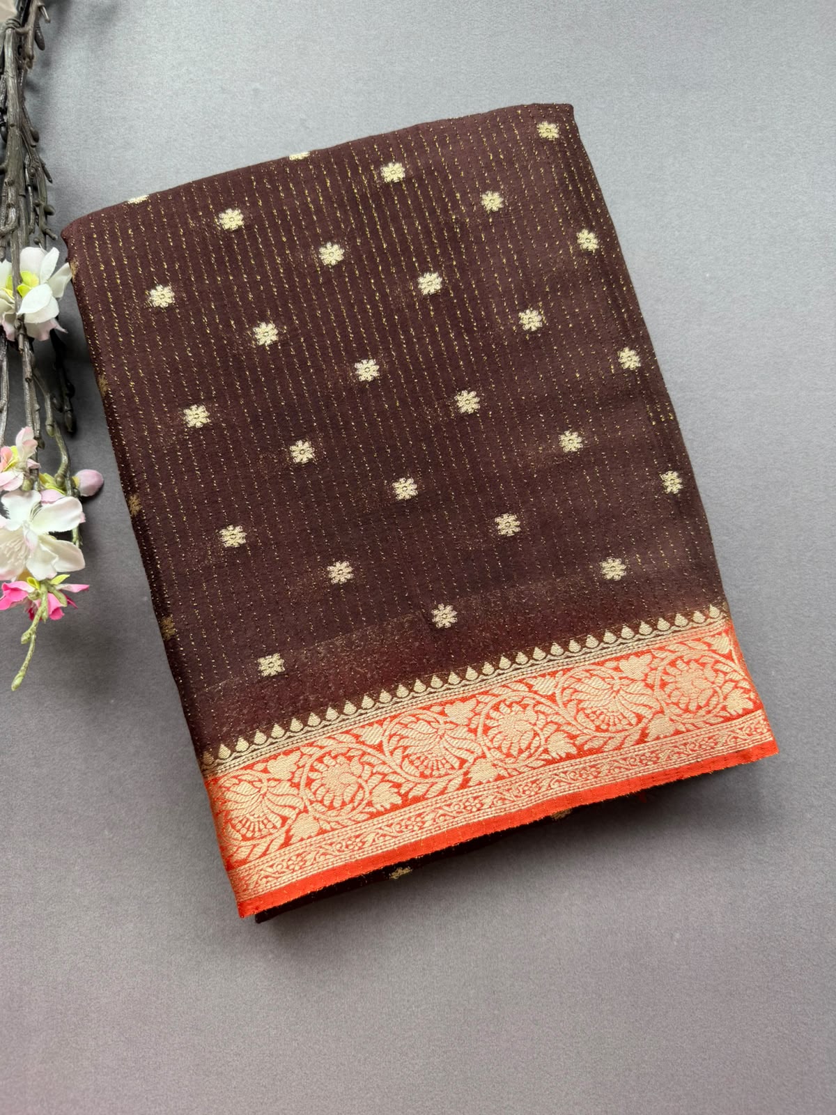 Brown Small Butta Semi Crepe Saree 108