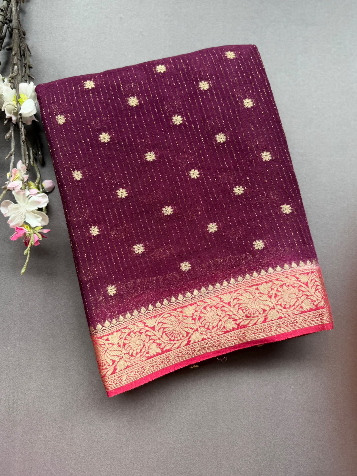 Wine Small Butta Semi Crepe Saree 108