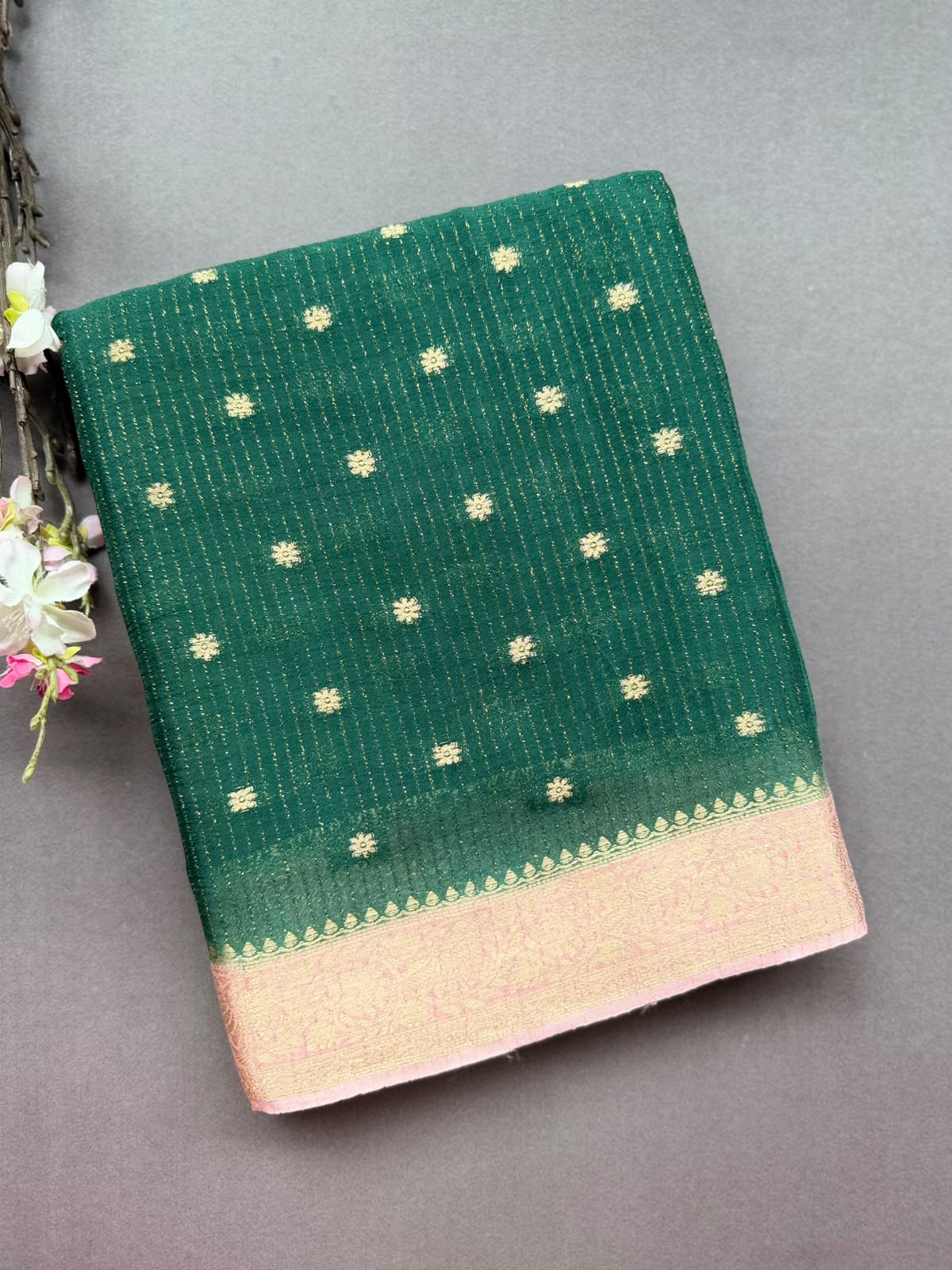 Bottle Green Small Butta Semi Crepe Saree 108