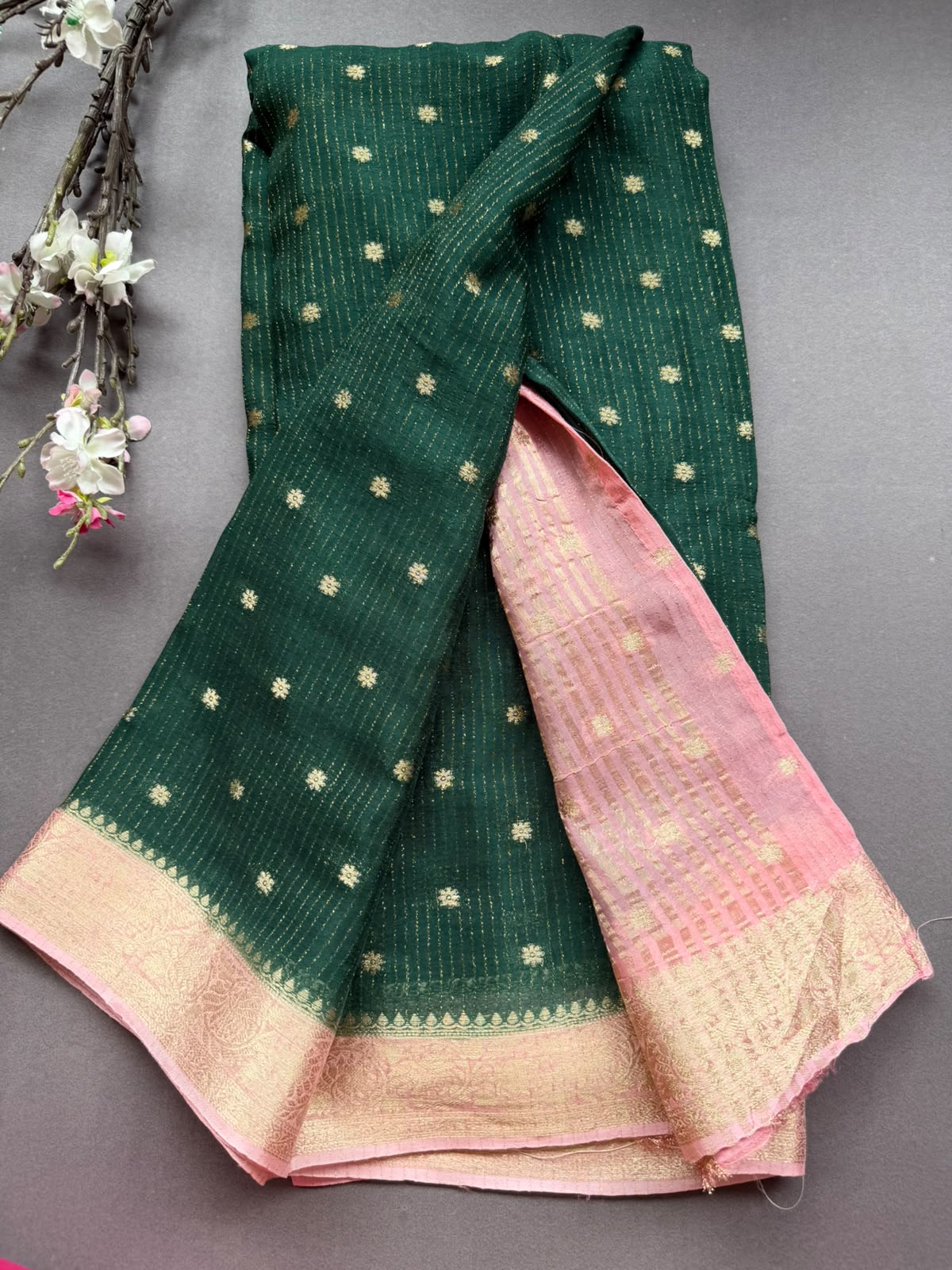 Bottle Green Small Butta Semi Crepe Saree 108