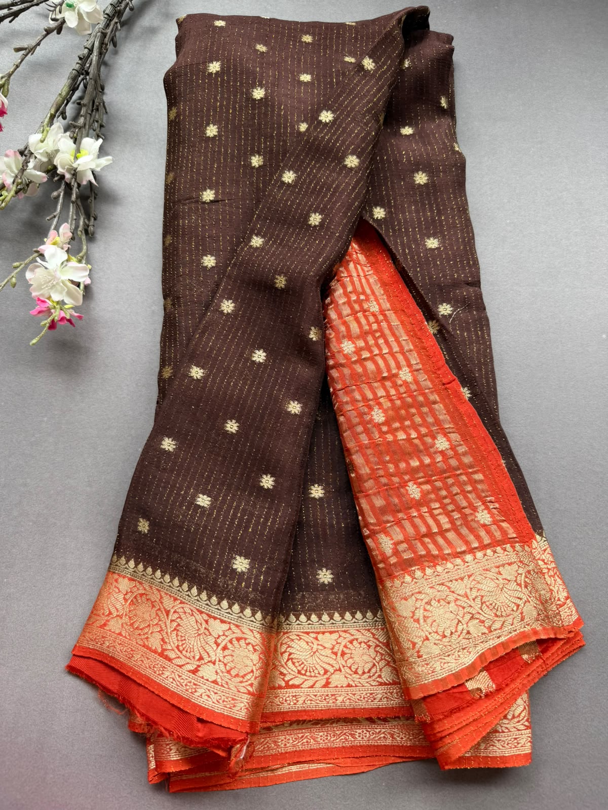 Brown Small Butta Semi Crepe Saree 108