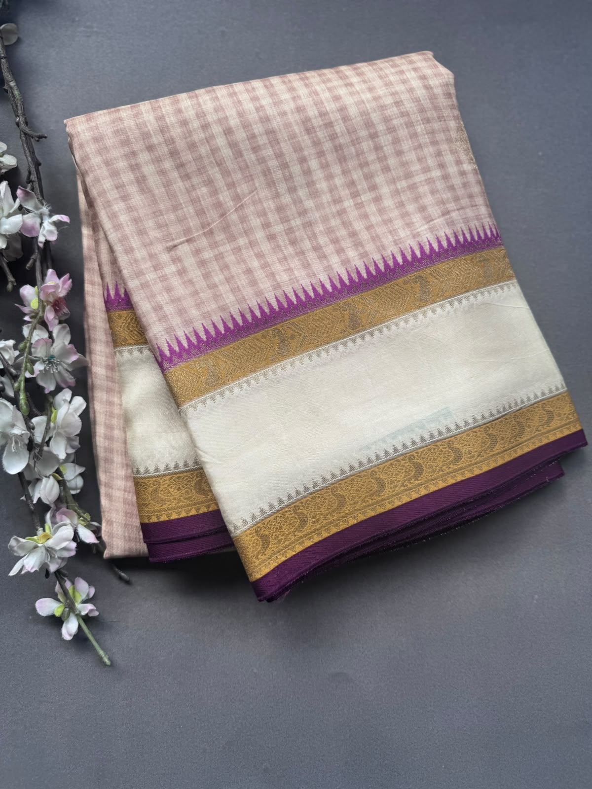 Cream Checks Semi Dola Crepe Saree 107