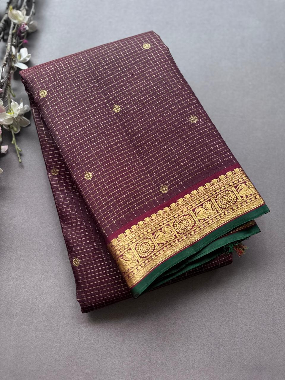 Brown Checks Pure Kanchi Silk Saree CPKS107