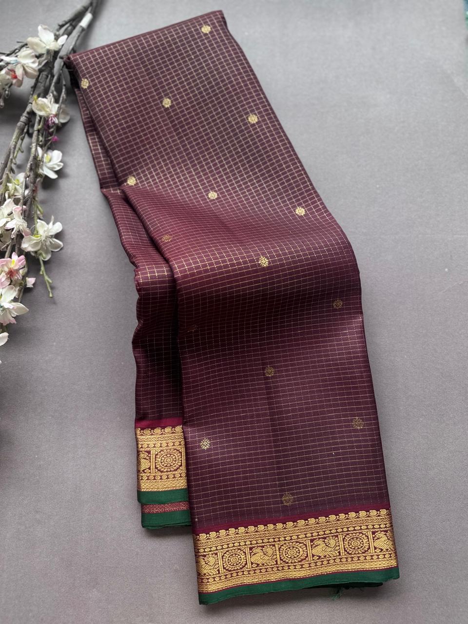 Brown Checks Pure Kanchi Silk Saree CPKS107