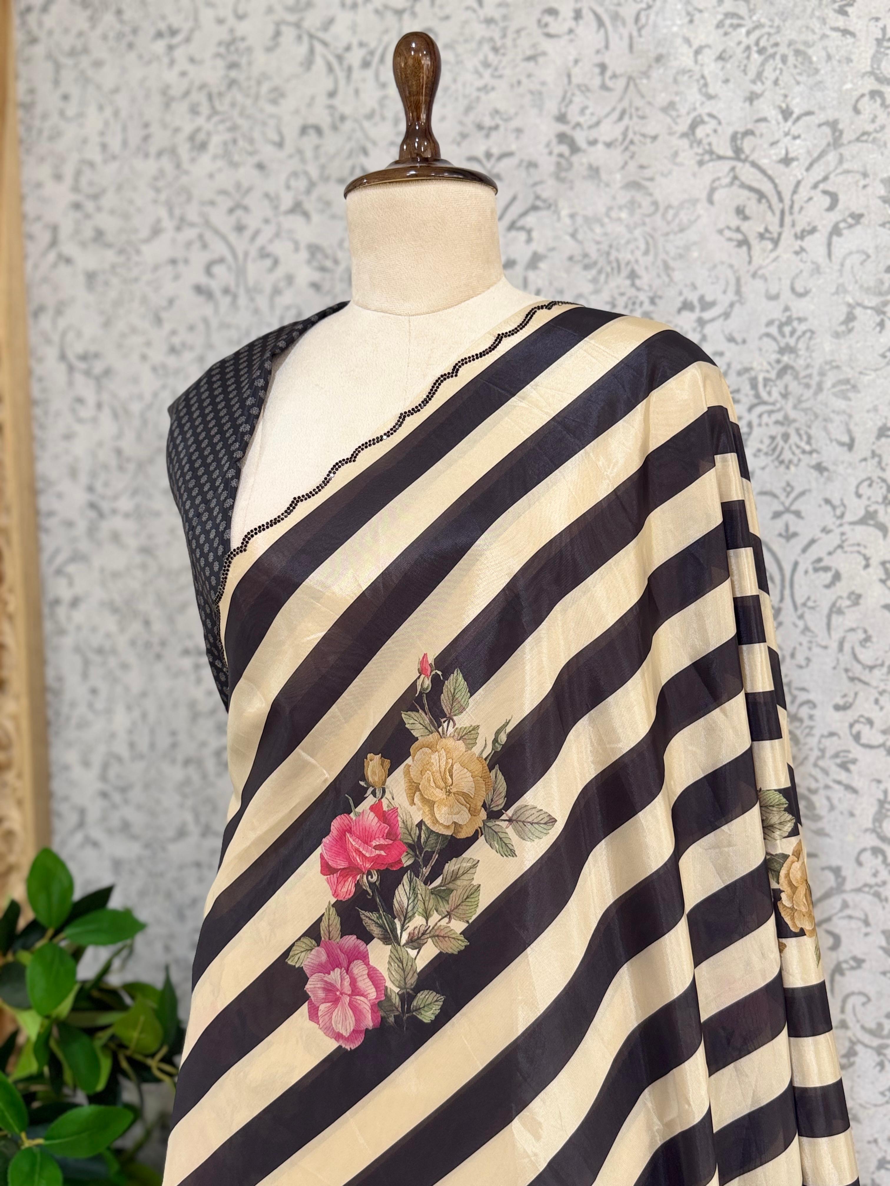 Cream n Black Digital Print Satin Party Wear Saree 107