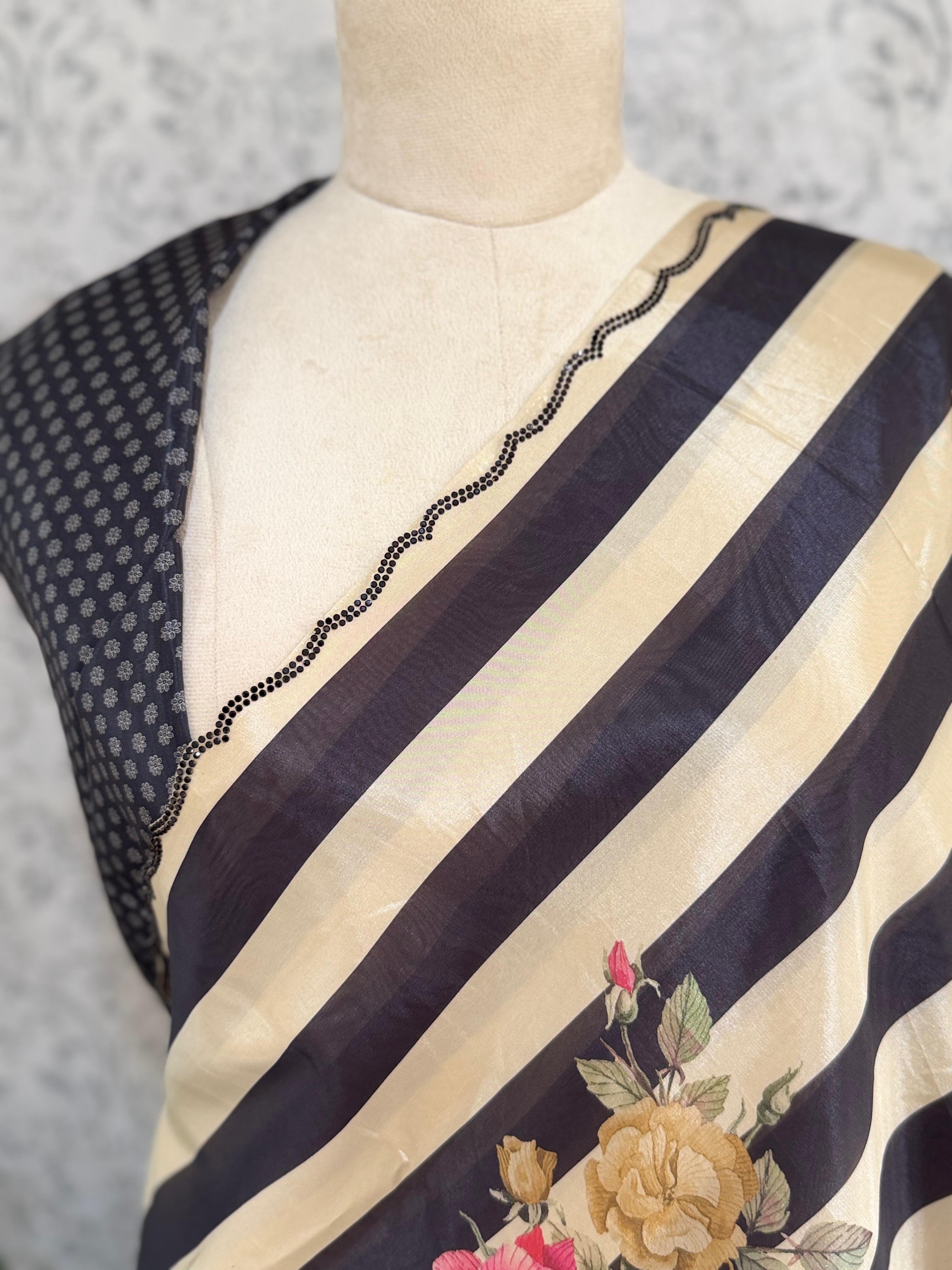 Cream n Black Digital Print Satin Party Wear Saree 107