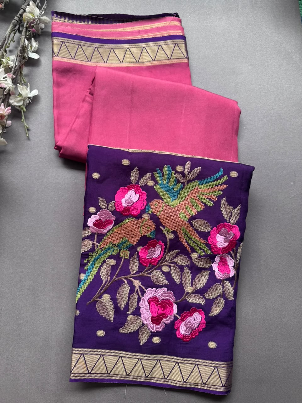 Rose Pink Embroidery Semi Mysore Silk Saree SMES107