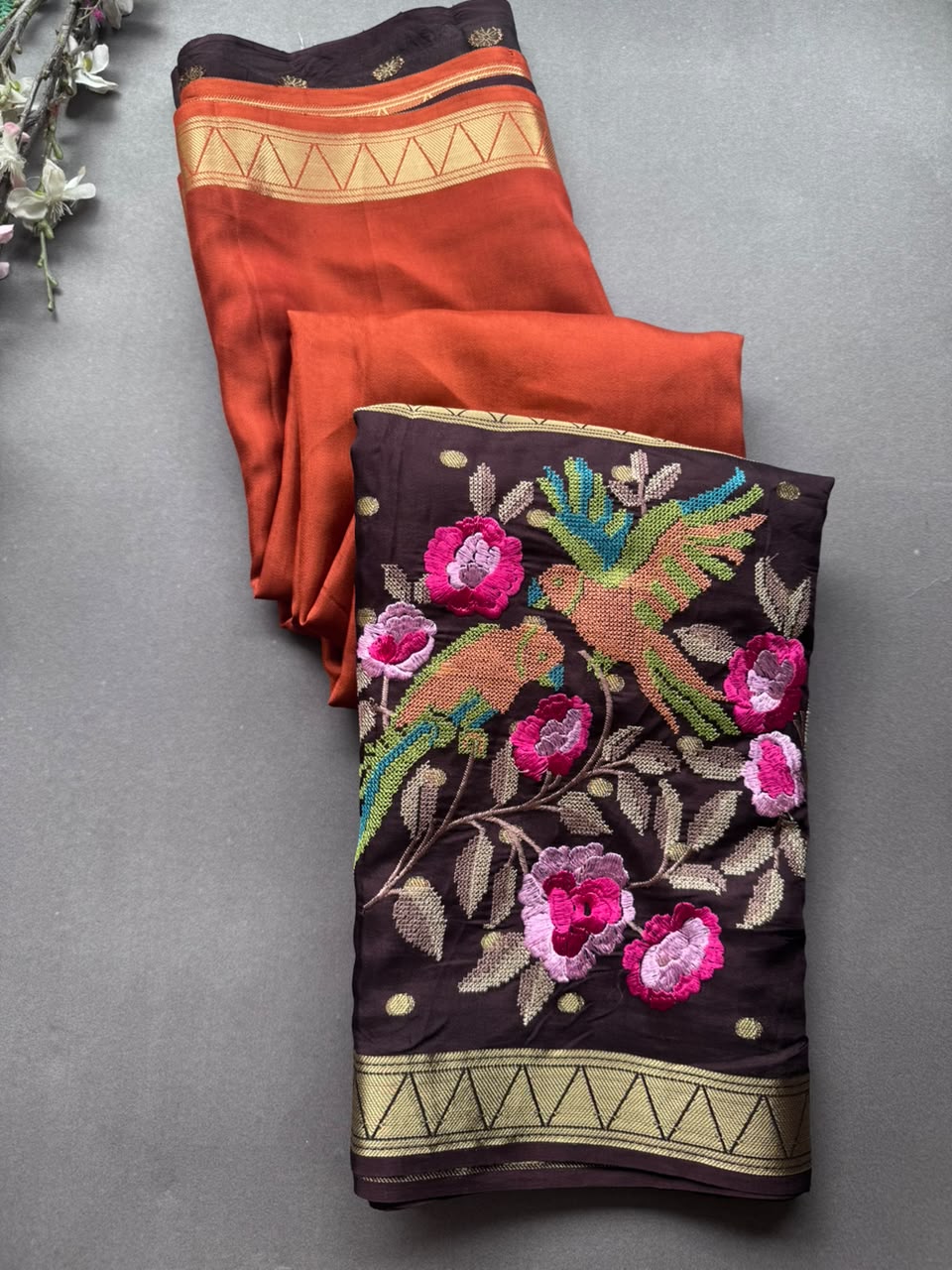 Rust Embroidery Semi Mysore Silk Saree SMES107