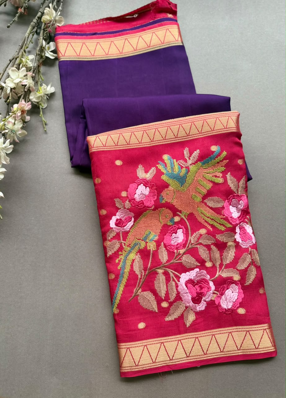 Purple Embroidery Semi Mysore Silk Saree SMES107