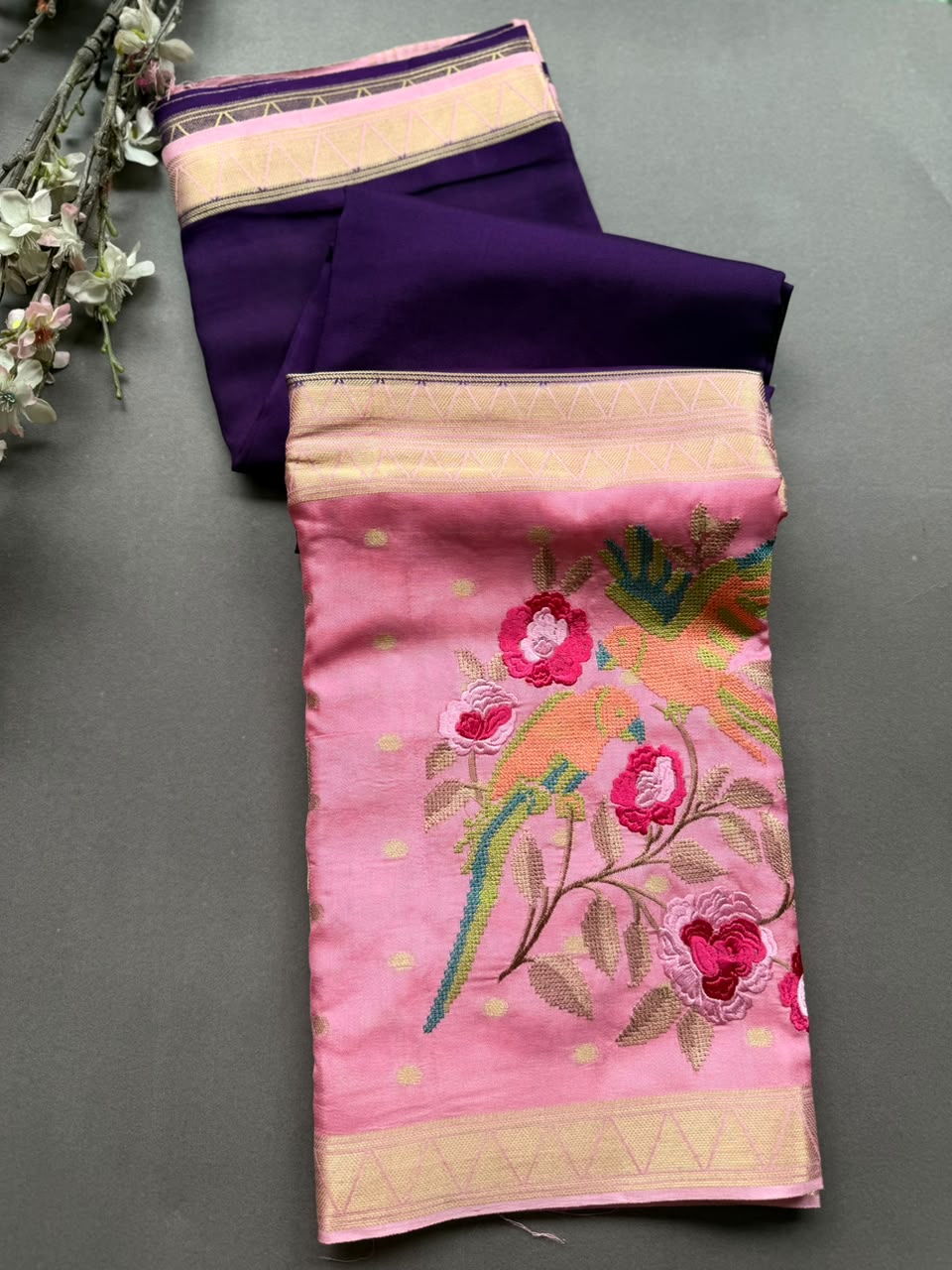 Purple Embroidery Semi Mysore Silk Saree SMES107