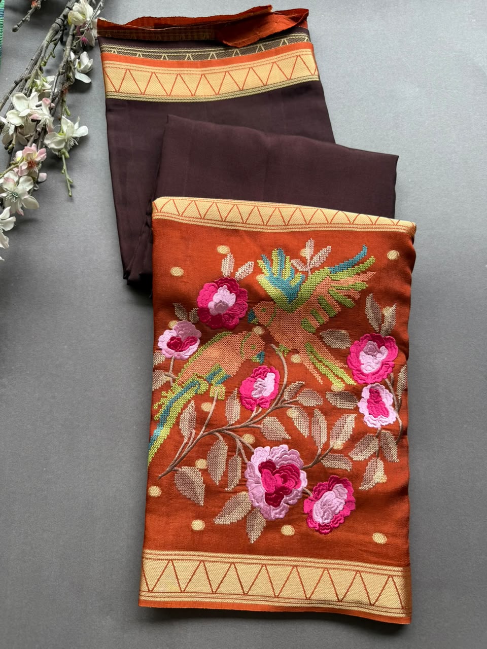 Brown Embroidery Semi Mysore Silk Saree SMES107