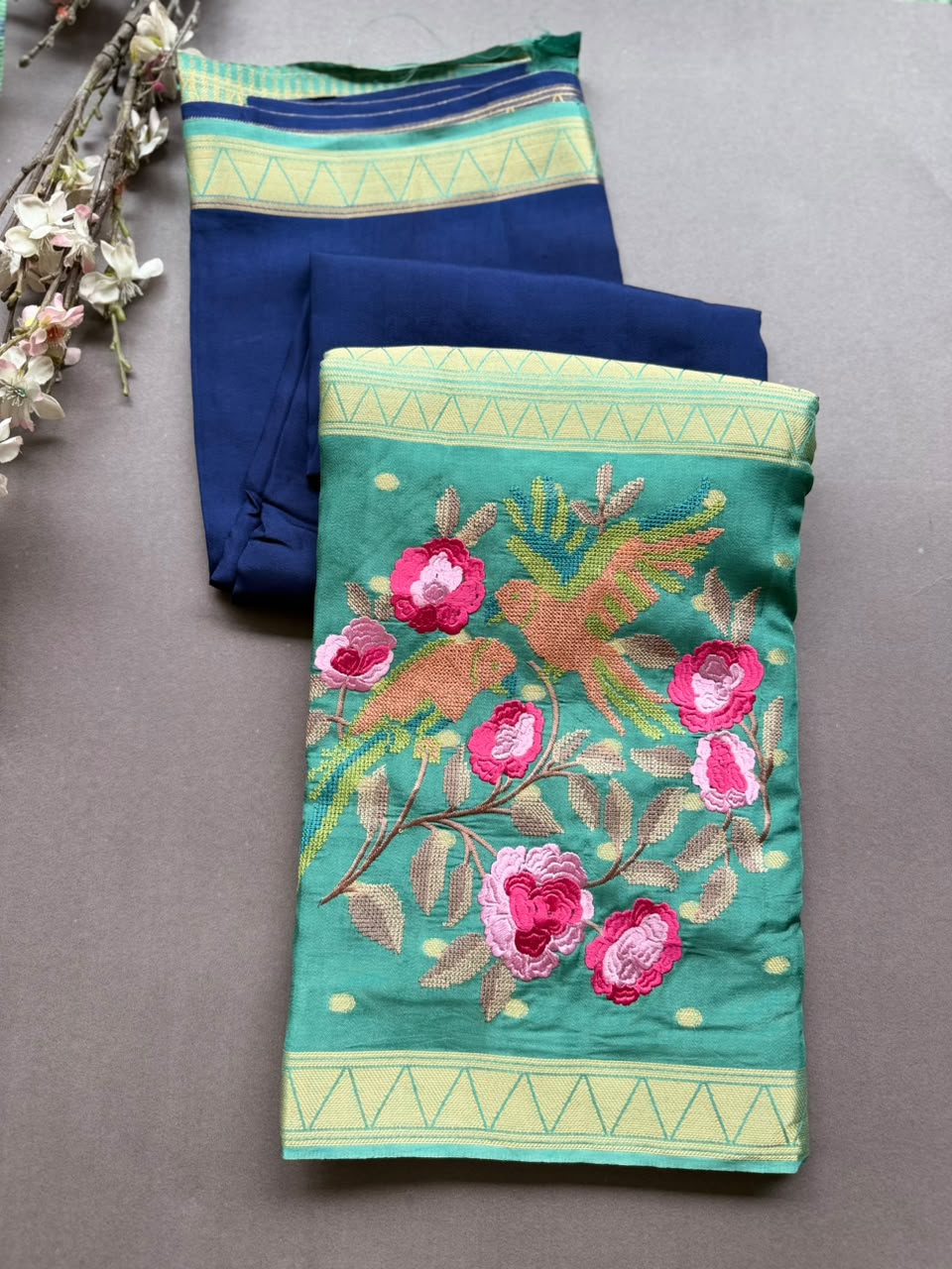 Peacock Blue Embroidery Semi Mysore Silk Saree SMES107