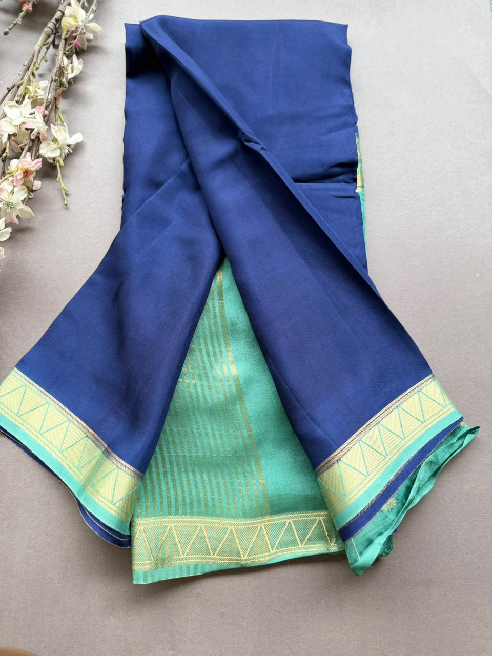 Peacock Blue Embroidery Semi Mysore Silk Saree SMES107