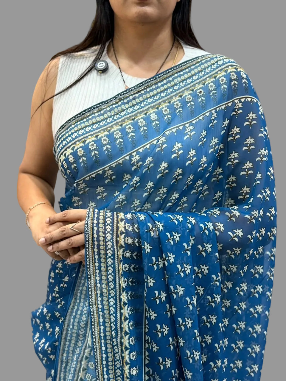Blue Georgette Mirror Work Party Wear Saree 107