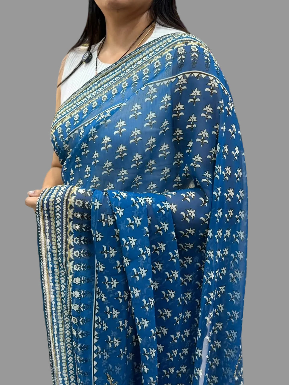 Blue Georgette Mirror Work Party Wear Saree 107