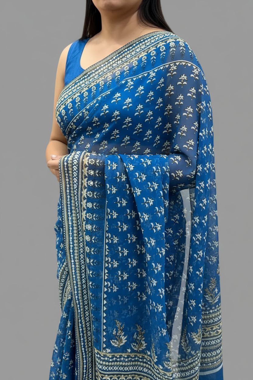 Blue Georgette Mirror Work Party Wear Saree 107