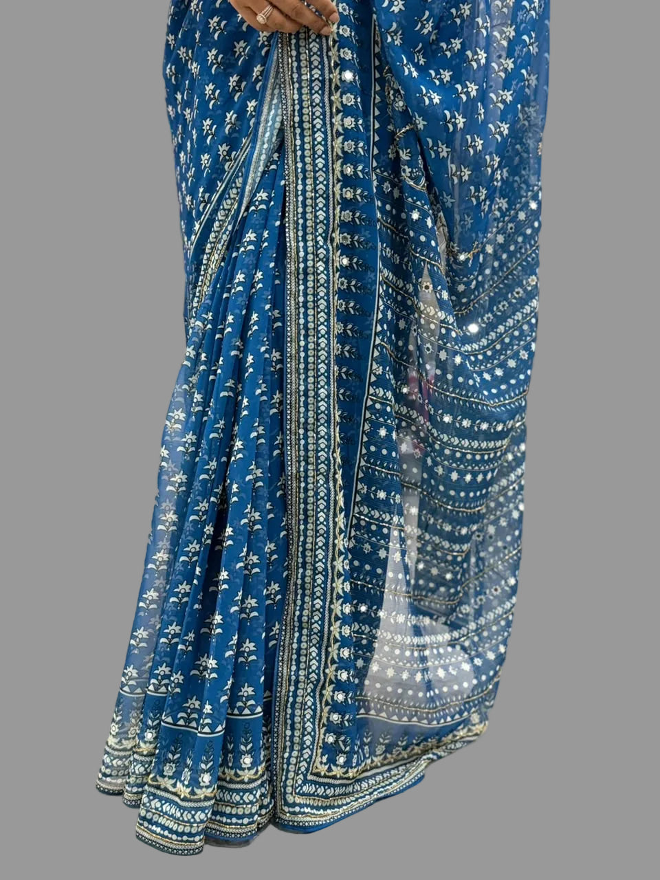 Blue Georgette Mirror Work Party Wear Saree 107