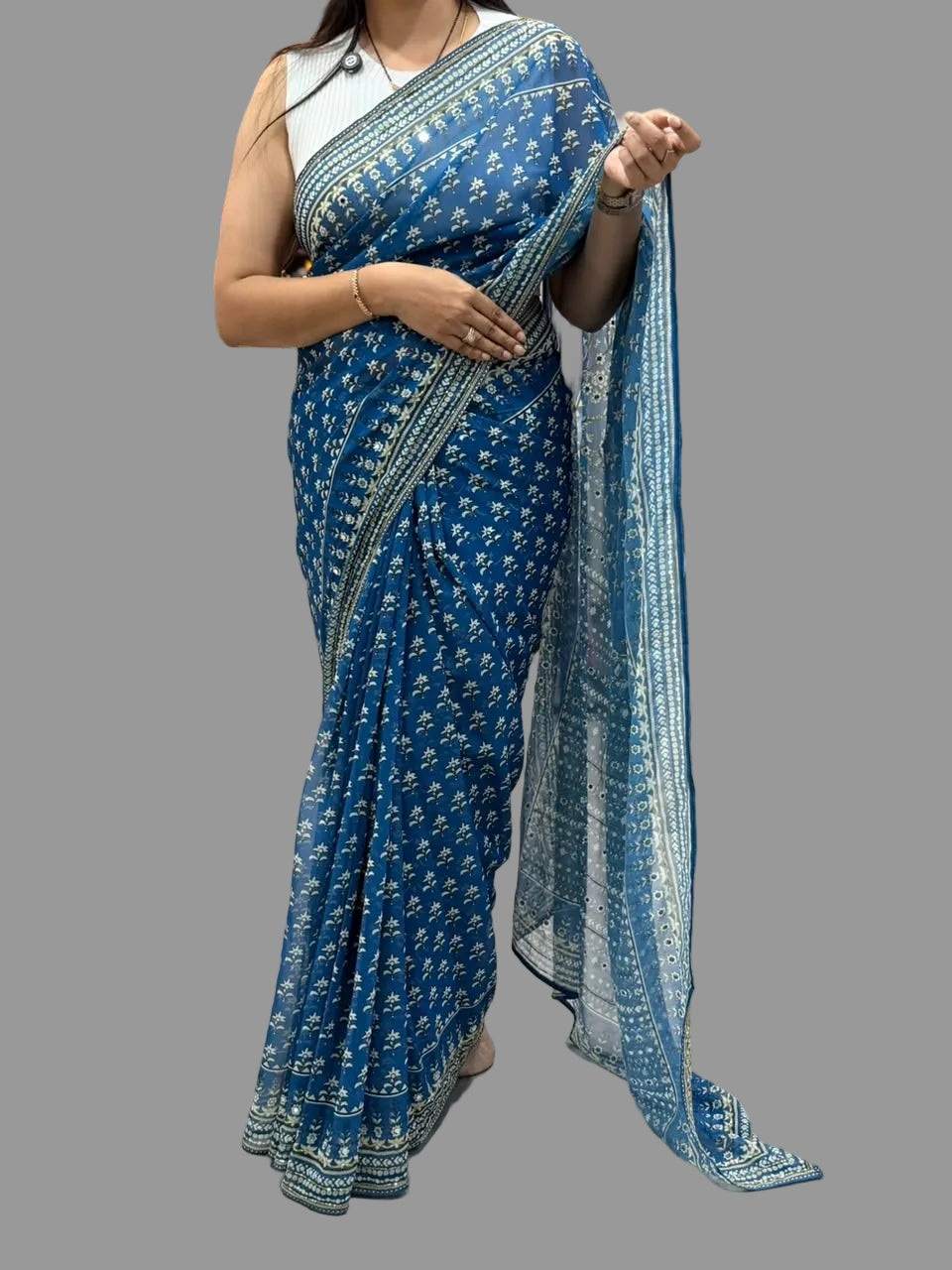 Blue Georgette Mirror Work Party Wear Saree 107