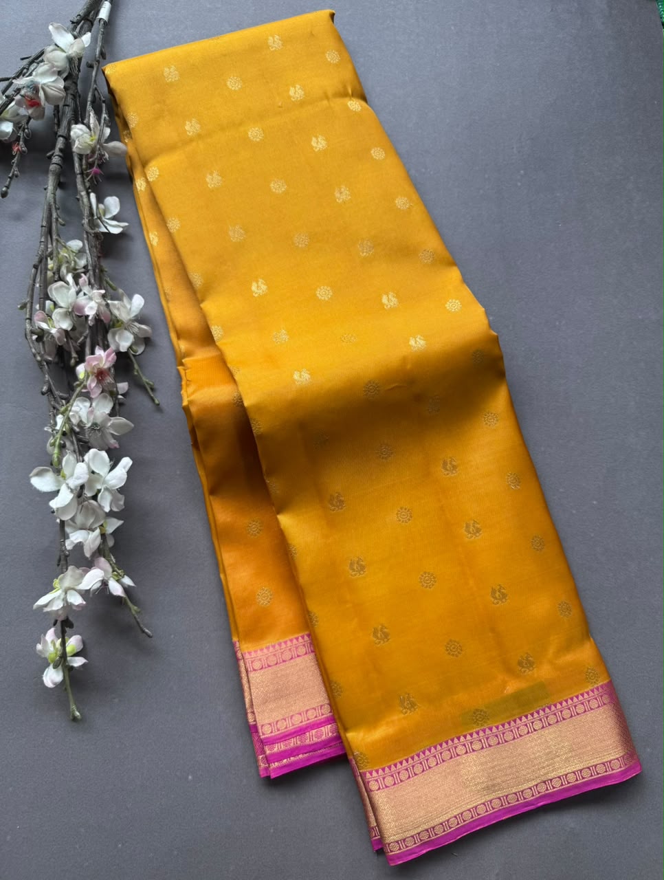 Mustard Pure Kanchi Silk Saree (Weaving Mistake)