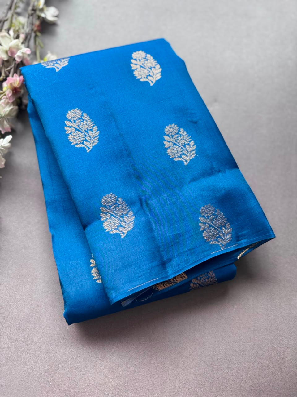 Peacock Blue Pure Kanchi Silk Saree (Weaving Mistake)