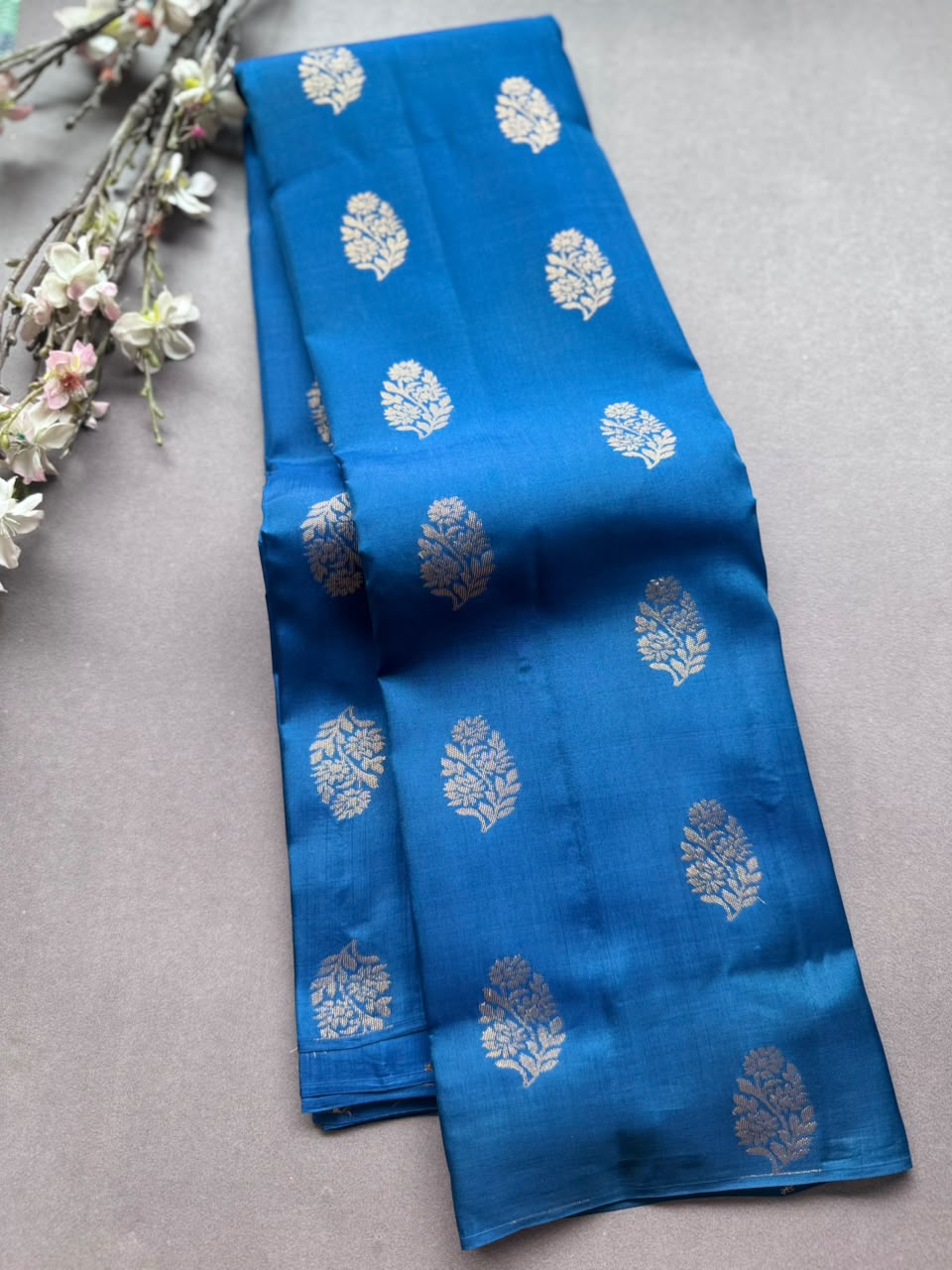 Peacock Blue Pure Kanchi Silk Saree (Weaving Mistake)