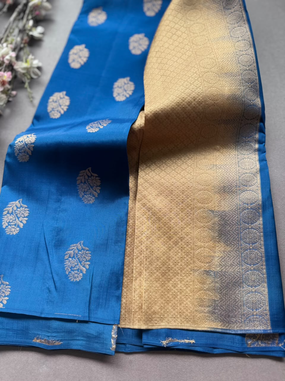 Peacock Blue Pure Kanchi Silk Saree (Weaving Mistake)