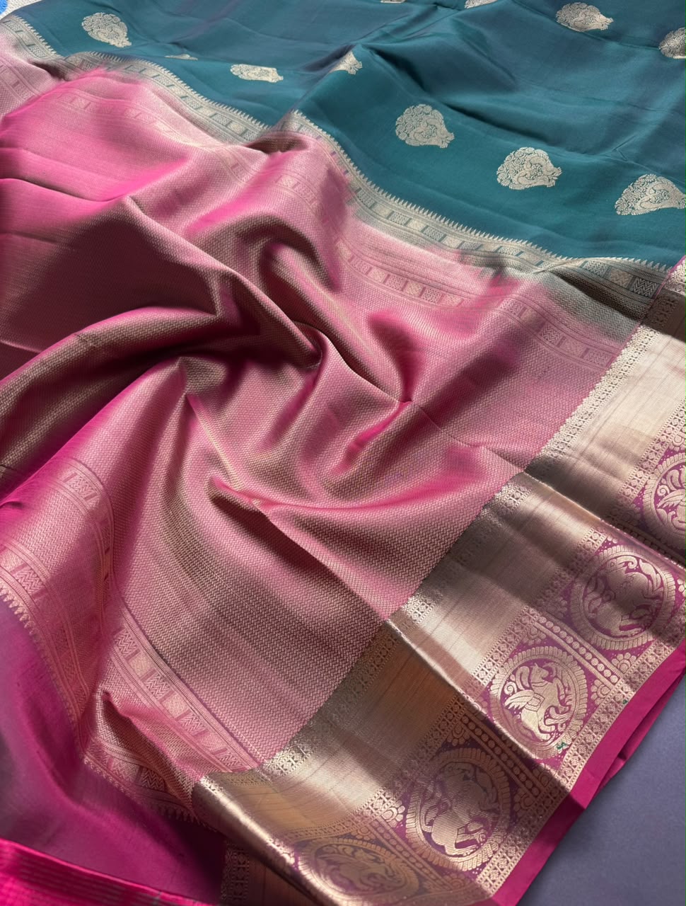 Bottle Green Pure Kanchi Silk Saree (Weaving Mistake)