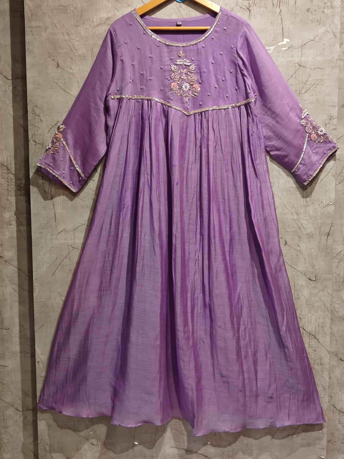 Lilac Mul Chanderi Thread Embroidery A Line Kurtha 228