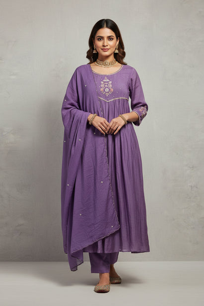 Lilac Mul Chanderi Thread Embroidery A Line Kurtha 228