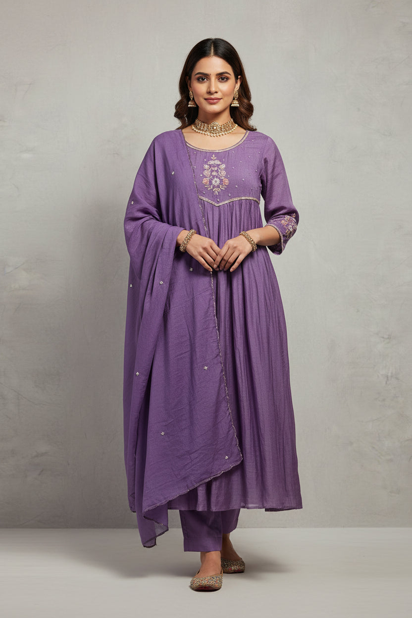 Lilac Mul Chanderi Thread Embroidery A Line Kurtha 228