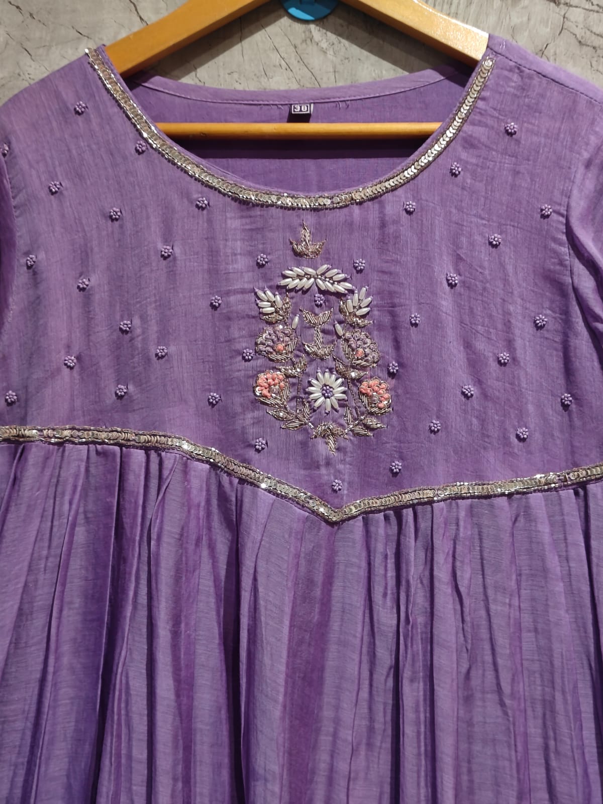 Lilac Mul Chanderi Thread Embroidery A Line Kurtha 228