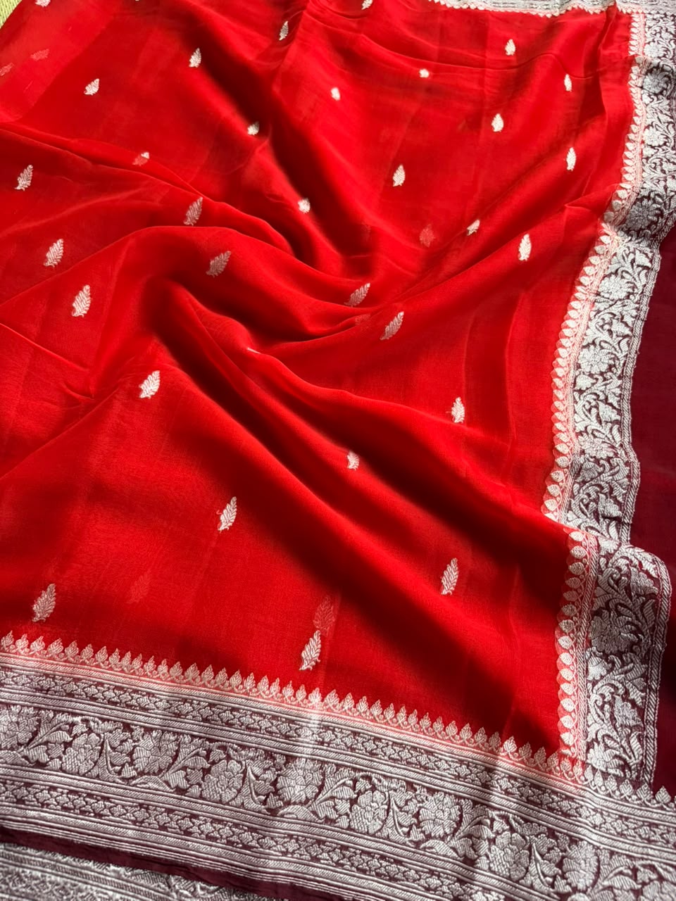 Red Small Butta Pure Chiffon Saree 107
