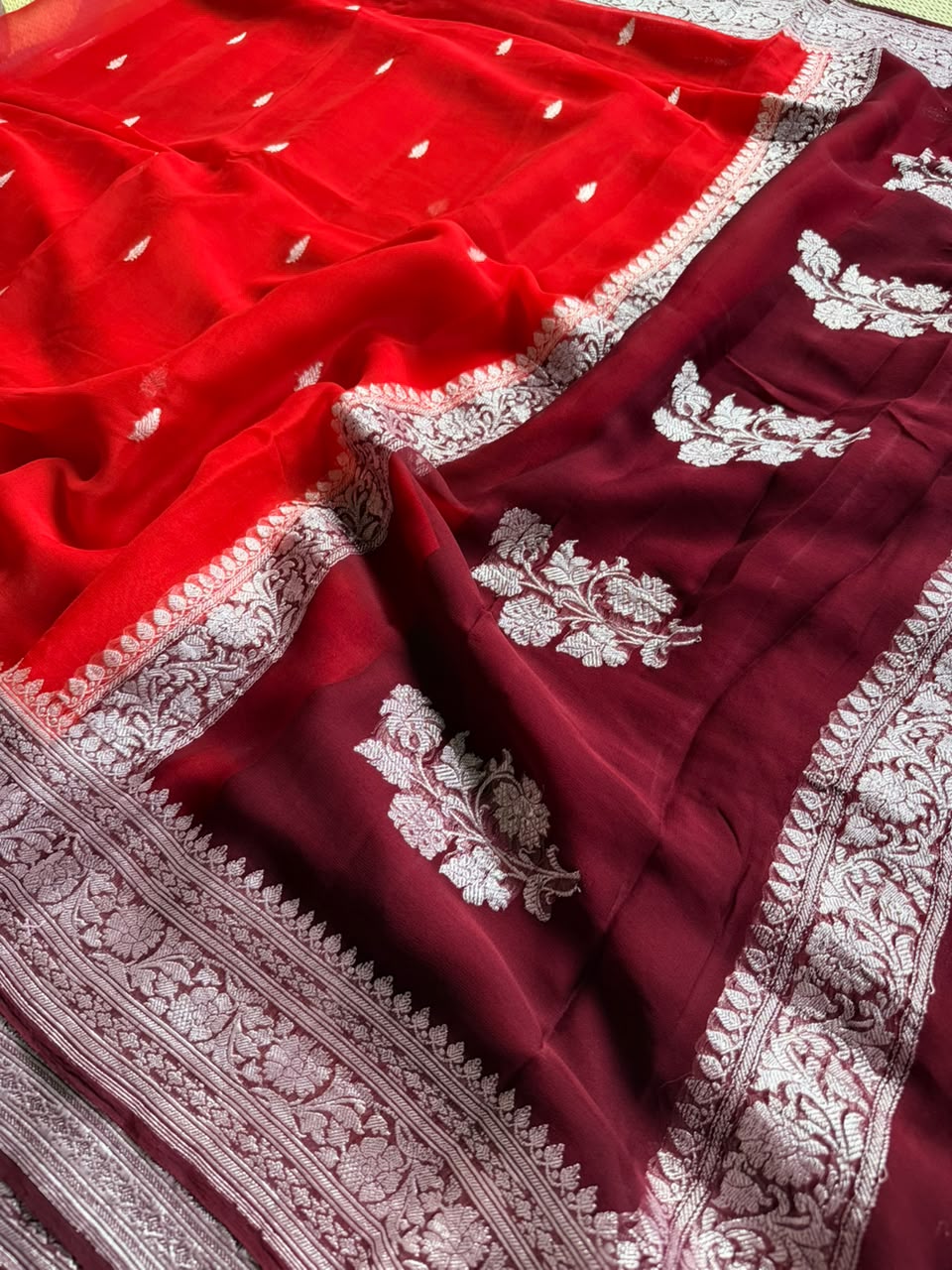 Red Small Butta Pure Chiffon Saree 107