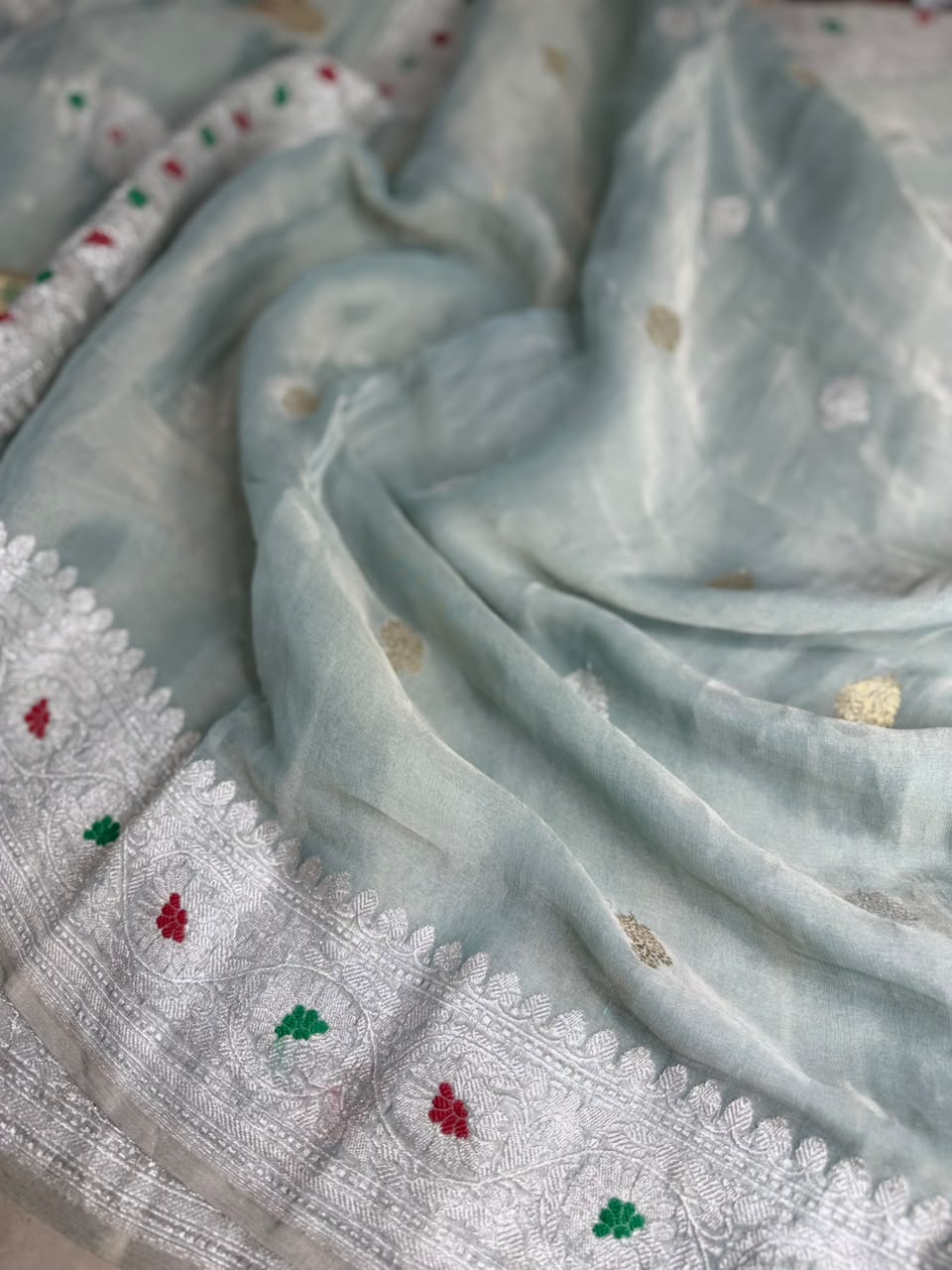 Pastel Blue Small Butta Pure Tissue Chiffon Saree 107