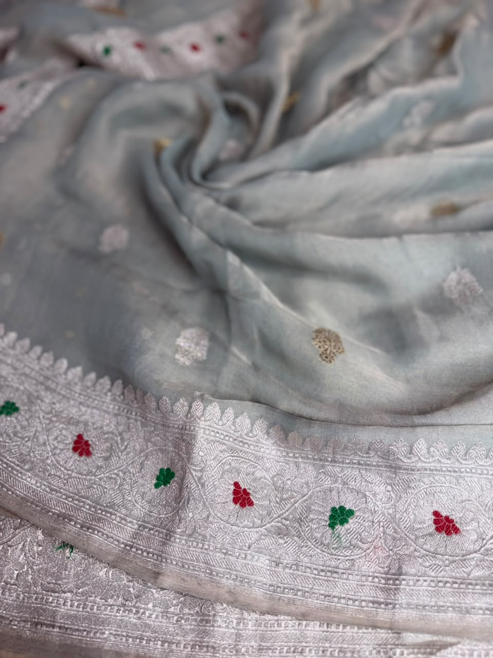 Pastel Blue Small Butta Pure Tissue Chiffon Saree 107