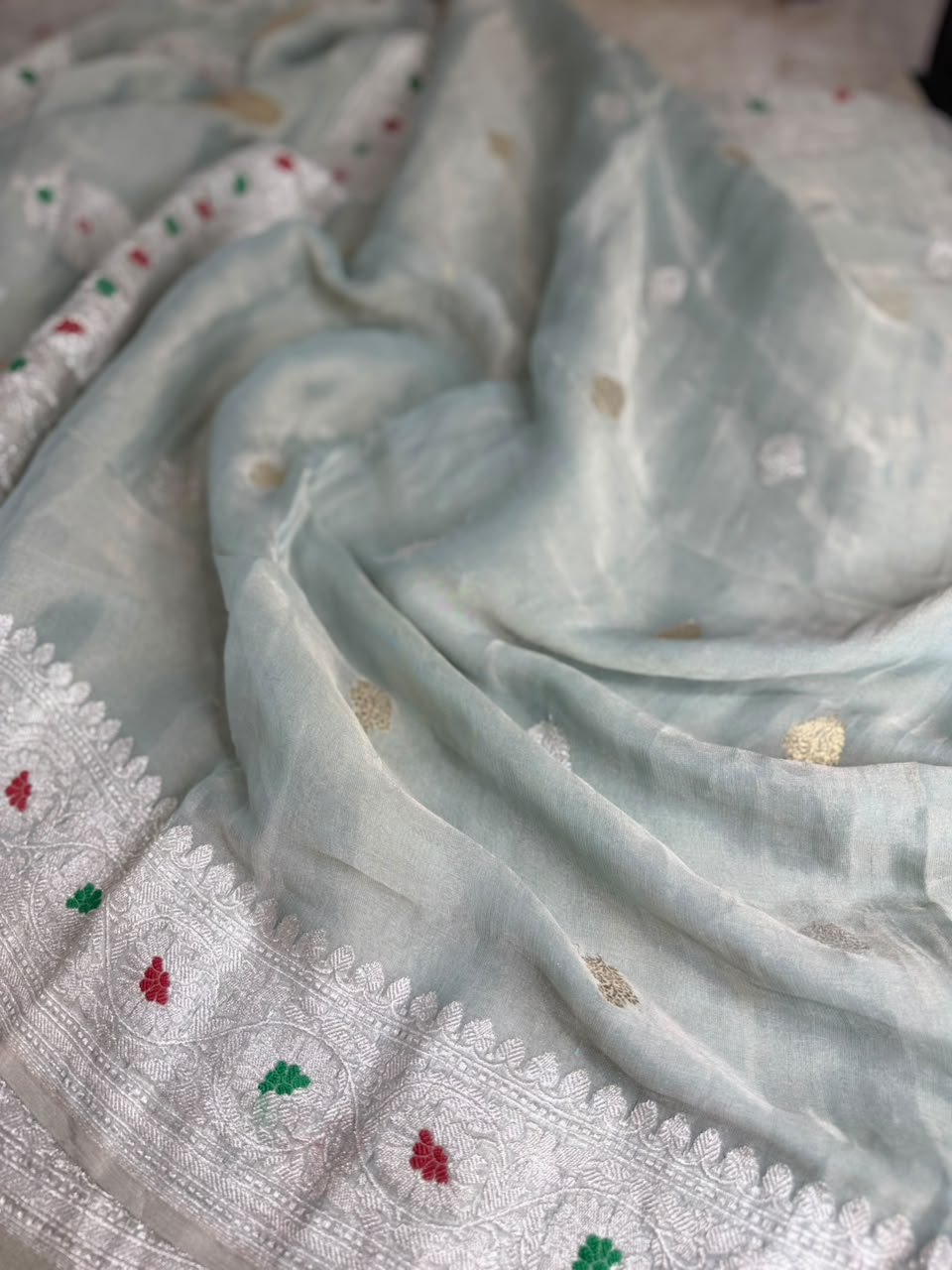Pastel Blue Small Butta Pure Tissue Chiffon Saree 107