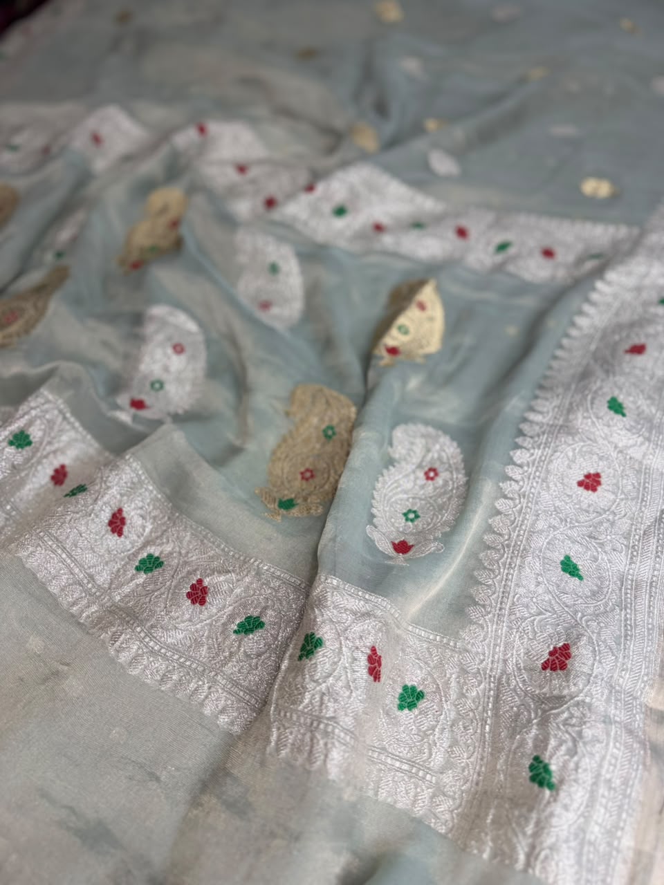Pastel Blue Small Butta Pure Tissue Chiffon Saree 107