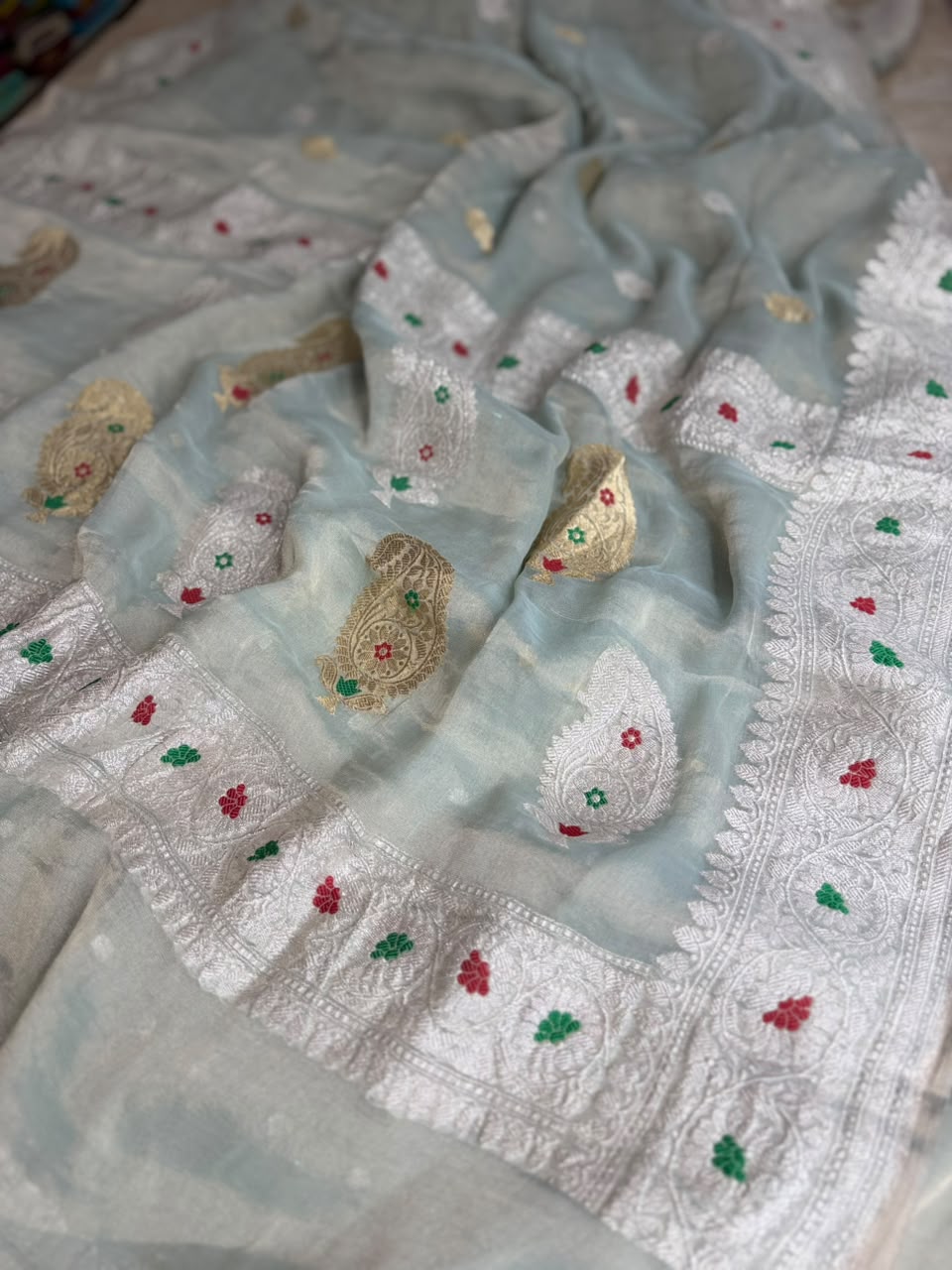 Pastel Blue Small Butta Pure Tissue Chiffon Saree 107
