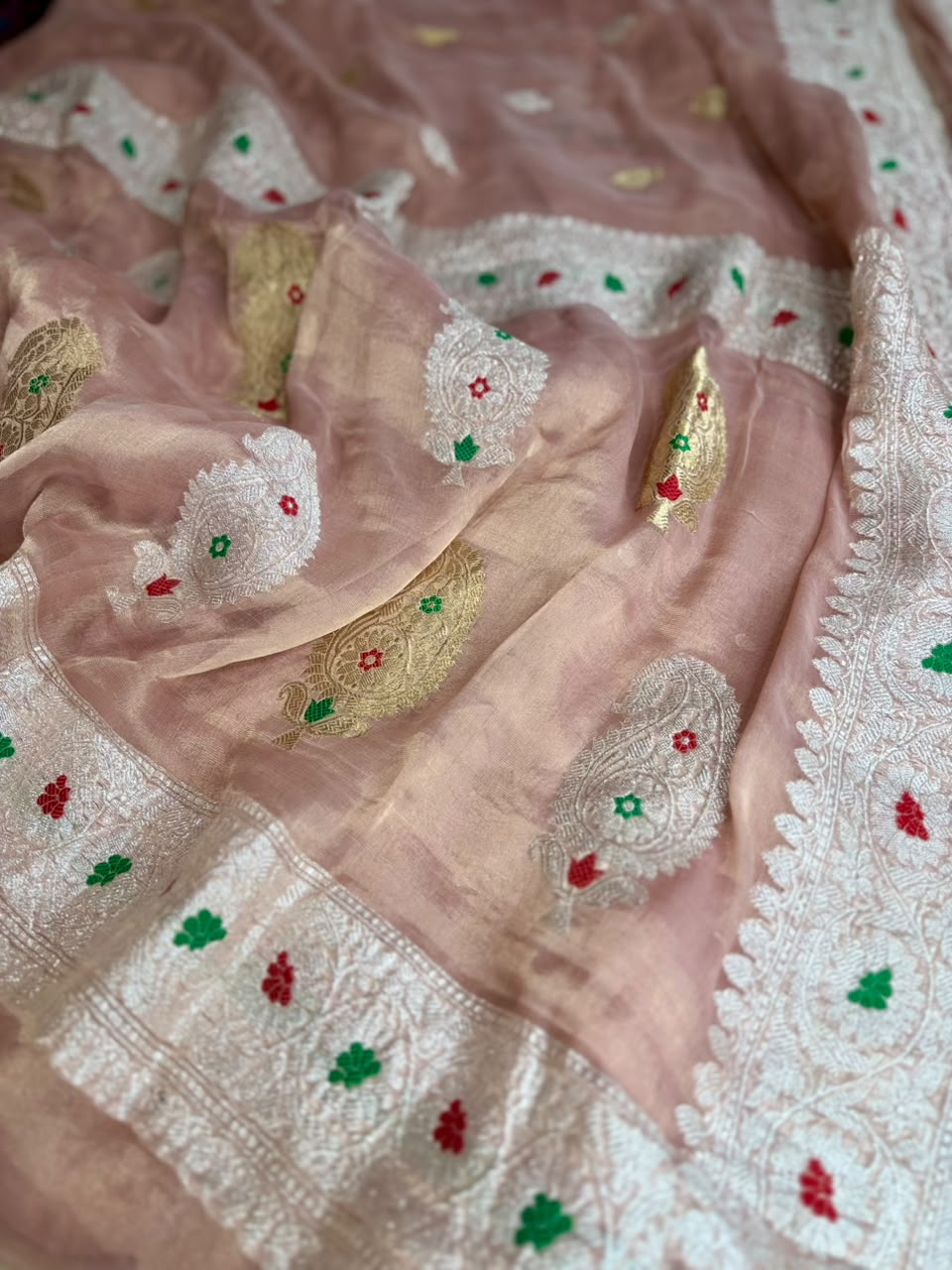 Peach Small Butta Pure Tissue Chiffon Saree 107