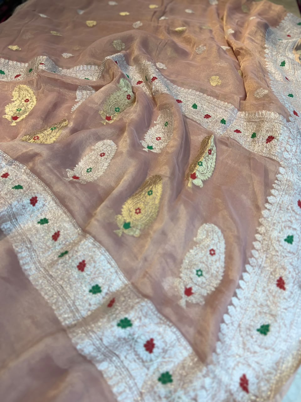 Peach Small Butta Pure Tissue Chiffon Saree 107