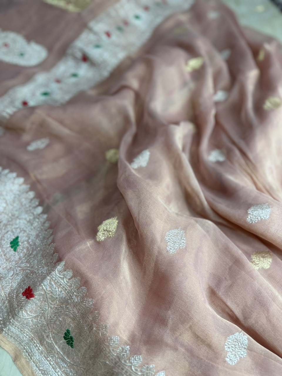 Peach Small Butta Pure Tissue Chiffon Saree 107